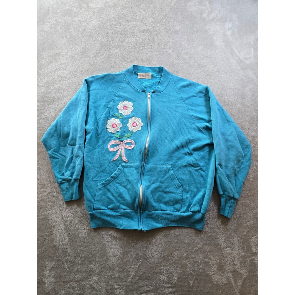 Vintage Sweatshirt Womens L Blue Full Zip Floral Bow Raglan USA Made 1981 *Read
